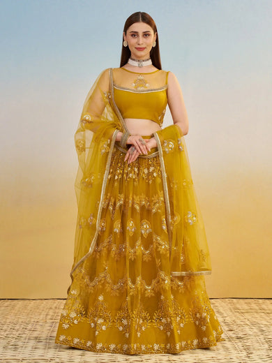 Sweet Mustard Yellow Thread Embroidered Net Haldi Wear Lehenga Choli